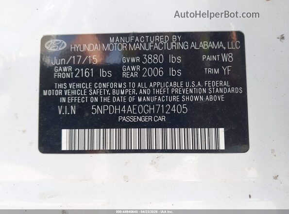 5NPDH4AE0GH712405 2016 HYUNDAI ELANTRA White Widok komory silnika
