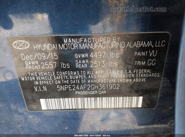 5NPE24AF2GH361902 2016 HYUNDAI SONATA Blue Вид підкапотного простору
