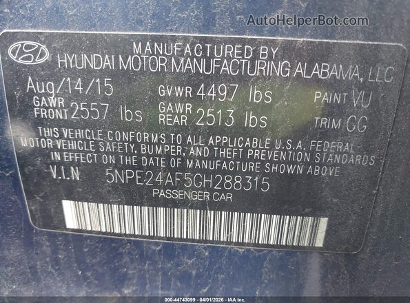5NPE24AF5GH288315 2016 HYUNDAI SONATA Blue Вид підкапотного простору