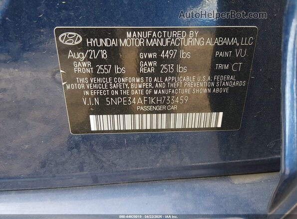 5NPE34AF1KH733459 2019 HYUNDAI SONATA Blue Vista del compartimento del motor