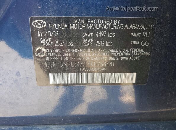 5NPE34AF4KH768481 2019 HYUNDAI SONATA Синий Вид подкапотного пространства