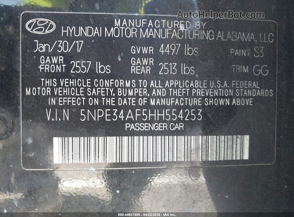 5NPE34AF5HH554253 2017 HYUNDAI SONATA Черный Вид подкапотного пространства