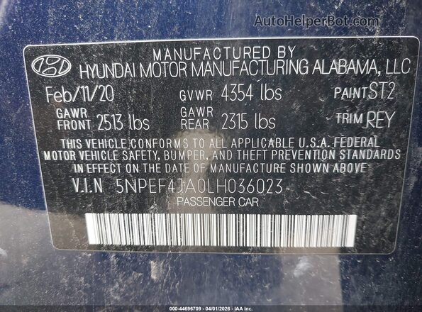 5NPEF4JA0LH036023 2020 HYUNDAI SONATA Синий Вид подкапотного пространства