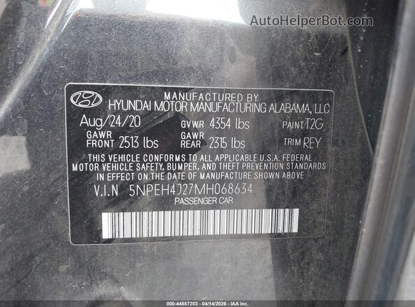 5NPEH4J27MH068634 2021 HYUNDAI SONATA Серый Вид подкапотного пространства