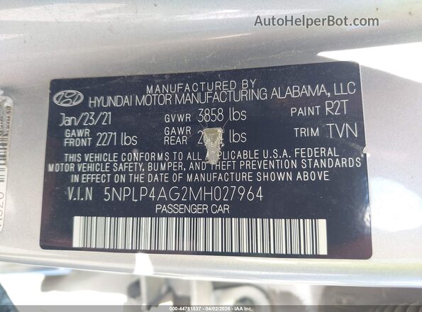 5NPLP4AG2MH027964 2021 HYUNDAI ELANTRA Серебряный Вид подкапотного пространства