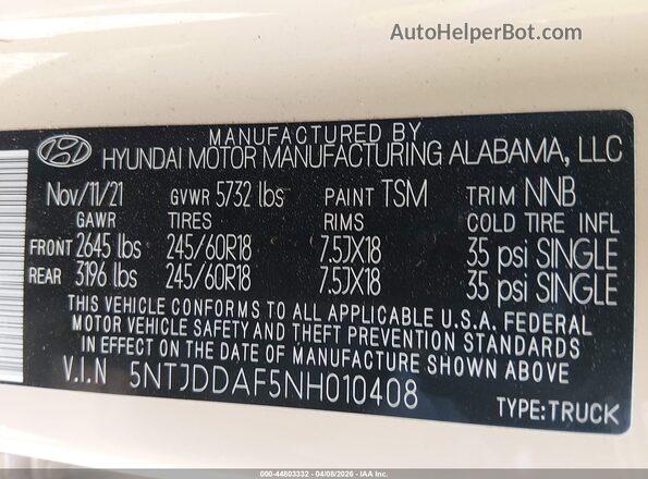 5NTJDDAF5NH010408 2022 HYUNDAI SANTA CRUZ Cream Engine compartment view
