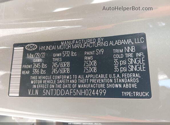 5NTJDDAF5NH024499 2022 HYUNDAI SANTA CRUZ Green Widok komory silnika
