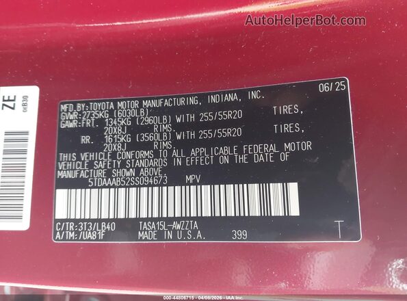 5TDAAAB52SS094673 2025 TOYOTA GRAND HIGHLANDER Красный Вид подкапотного пространства