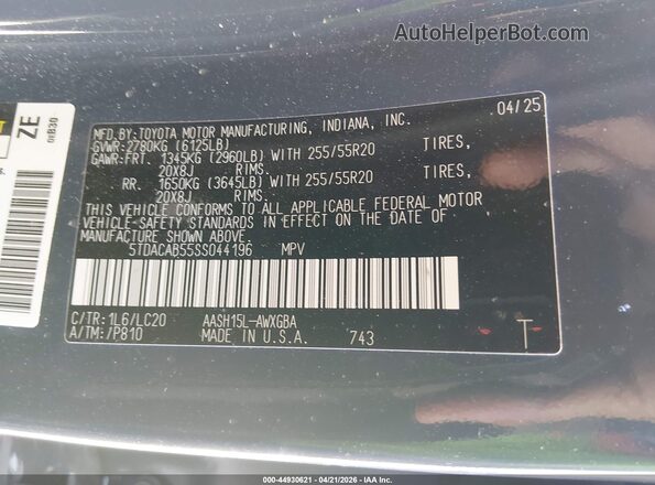 5TDACAB55SS044196 2025 TOYOTA LIMITED Gray Widok komory silnika