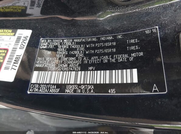 5TDBY5G10HS147828 2017 TOYOTA SEQUOIA Черный Вид подкапотного пространства