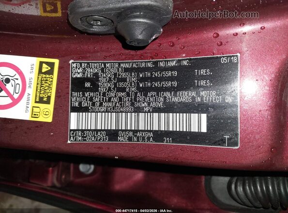 5TDDGRFH3JS048993 2018 TOYOTA LIMITED Red Engine compartment view