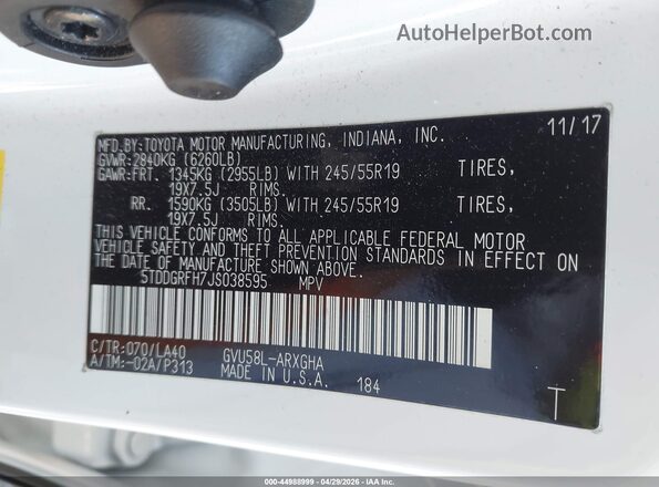 5TDDGRFH7JS038595 2018 TOYOTA LIMITED White Vista del compartimento del motor