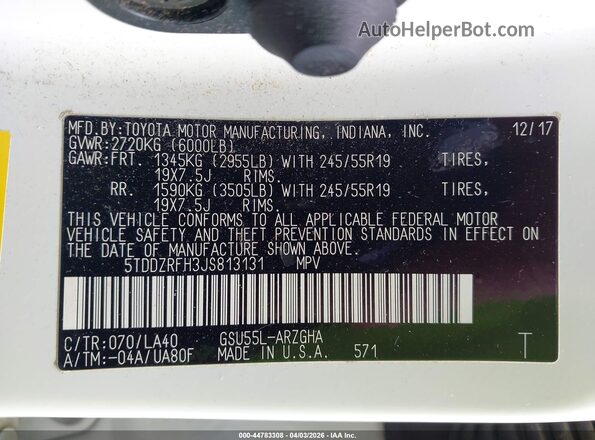 5TDDZRFH3JS813131 2018 TOYOTA LIMITED White Engine compartment view