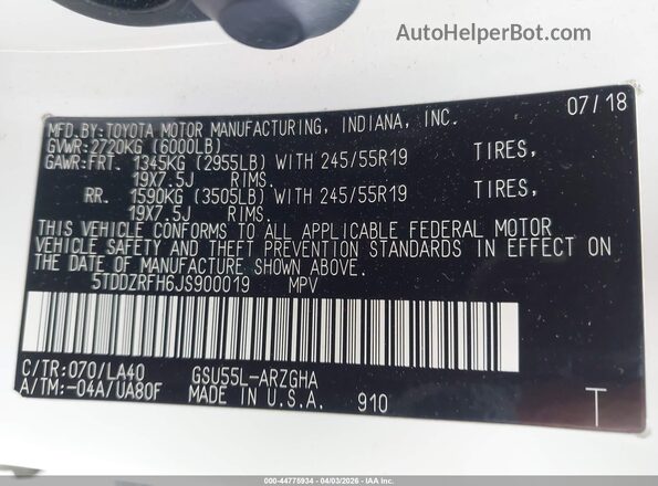 5TDDZRFH6JS900019 2018 TOYOTA LIMITED White Widok komory silnika