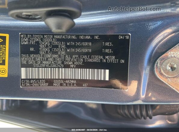 5TDJZRFH5JS862429 2018 TOYOTA LE Синий Вид подкапотного пространства
