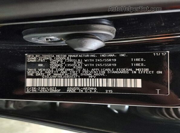 5TDJZRFH9JS800371 2018 TOYOTA HIGHLANDER Black Vista de la etiqueta del VIN