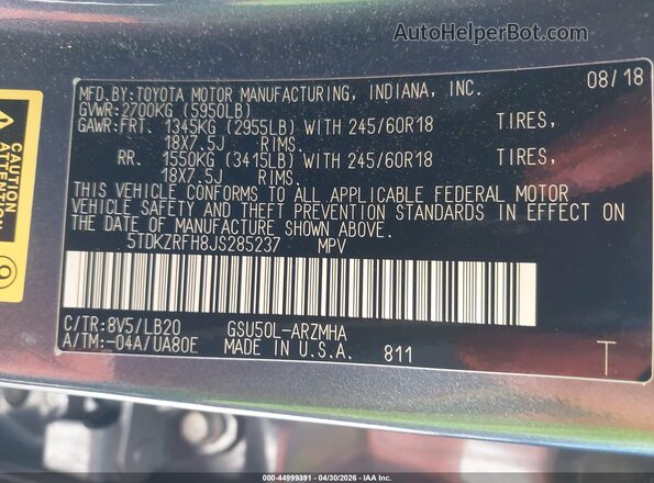 5TDKZRFH8JS285237 2018 TOYOTA LE Blue Вид підкапотного простору