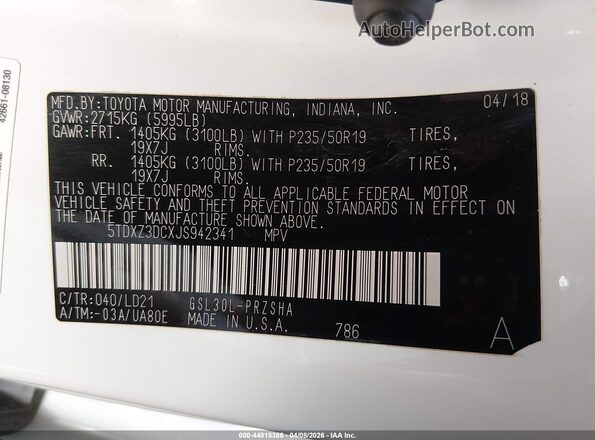 5TDXZ3DCXJS942341 2018 TOYOTA SIENNA White Widok komory silnika
