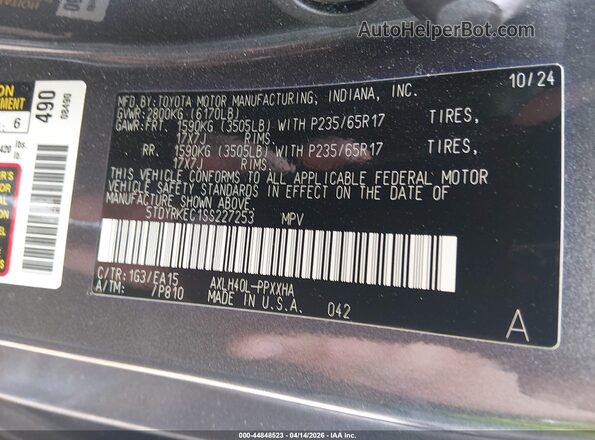 5TDYRKEC1SS227253 2025 TOYOTA LE Gray Շարժիչի բաժամունքի տեսք