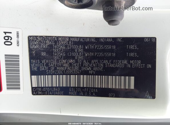 5TDYZ3DC1JS953247 2018 TOYOTA LIMITED White Շարժիչի բաժամունքի տեսք