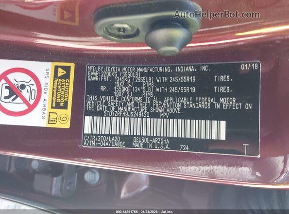 5TDYZRFH9JS248420 2018 TOYOTA LIMITED Burgundy Շարժիչի բաժամունքի տեսք