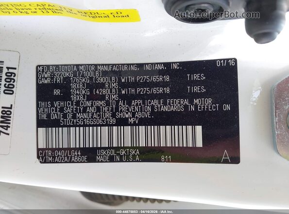 5TDZY5G16GS063199 2016 TOYOTA SEQUOIA White Вид підкапотного простору