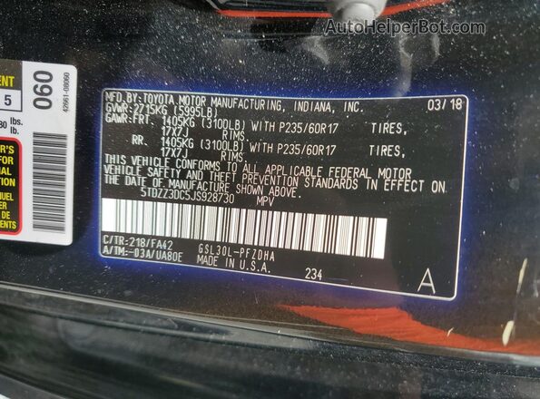 5TDZZ3DC5JS928730 2018 TOYOTA SIENNA Черный Вид наклейки с VIN-кодом