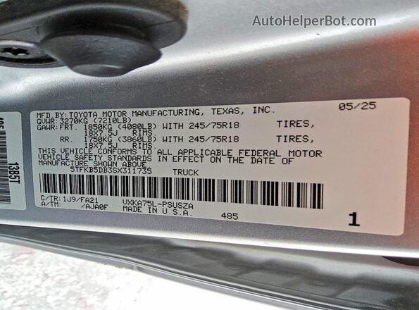 5TFKB5DB3SX311735 2025 TOYOTA TUNDRA Серебряный Вид подкапотного пространства