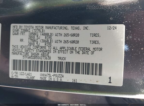 5TFWA5DB5SX273638 2025 TOYOTA TUNDRA Серый Вид подкапотного пространства