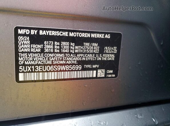 5UX13EU06S9W85699 2025 BMW X5 Серый Вид наклейки с VIN-кодом