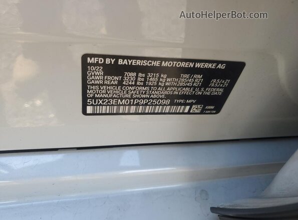 5UX23EM01P9P25098 2023 BMW X7 White VIN sticker view