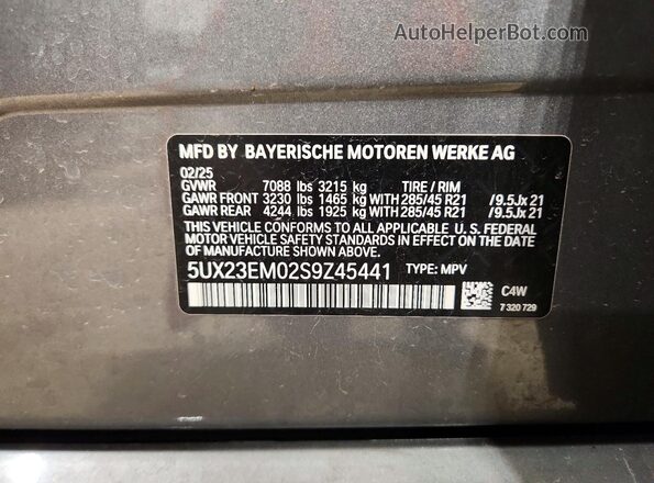 5UX23EM02S9Z45441 2025 BMW X7 Gray Widok naklejki z numerem VIN
