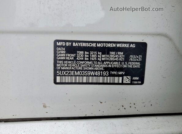 5UX23EM03S9W48193 2025 BMW X7 Белый Вид наклейки с VIN-кодом