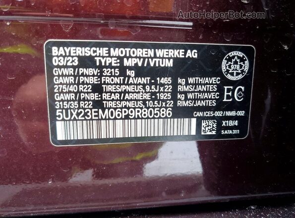 5UX23EM06P9R80586 2023 BMW X7 Темно-бордовый Панорамный вид салона 360°