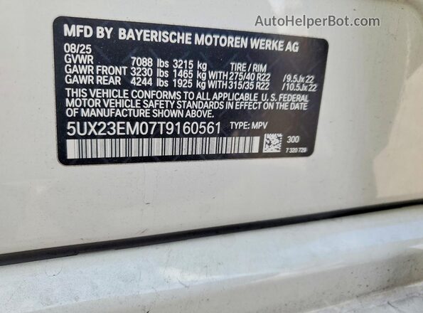 5UX23EM07T9160561 2026 BMW X7 White Vista de la etiqueta del VIN