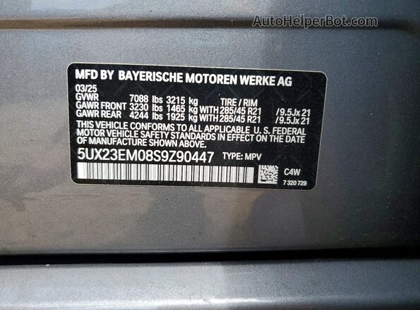 5UX23EM08S9Z90447 2025 BMW X7 Gray Widok naklejki z numerem VIN
