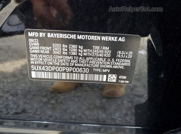 5UX43DP00P9P00630 2023 BMW X3 Черный Вид наклейки с VIN-кодом