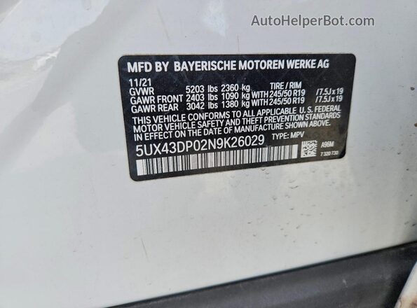 5UX43DP02N9K26029 2022 BMW X3 White Vista de la etiqueta del VIN