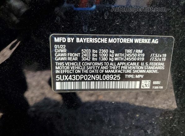 5UX43DP02N9L08925 2022 BMW X3 Black Вид наклейки з VIN-кодом