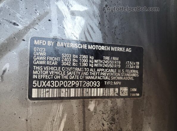 5UX43DP02P9T28093 2023 BMW X3 Gray Вид наклейки з VIN-кодом