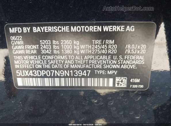 5UX43DP07N9N13947 2022 BMW X3 Black Вид підкапотного простору