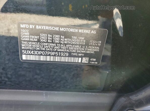 5UX43DP07P9P51929 2023 BMW X3 Черный Вид наклейки с VIN-кодом