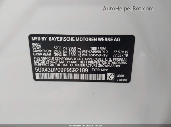 5UX43DP09P9S92189 2023 BMW X3 Белый Вид подкапотного пространства