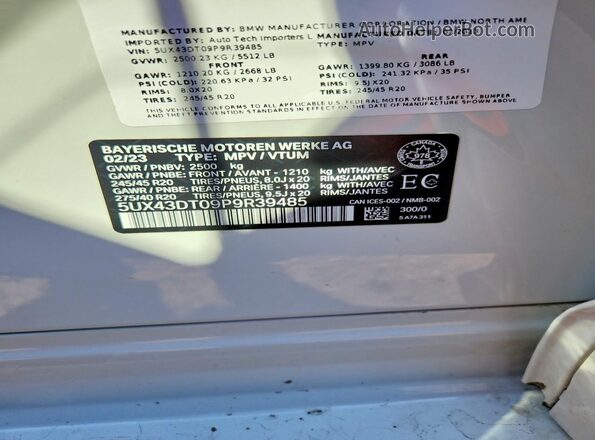 5UX43DT09P9R39485 2023 BMW X4 Белый Вид наклейки с VIN-кодом