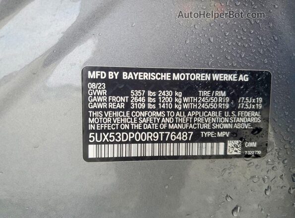 5UX53DP00R9T76487 2024 BMW X3 Silver Вид наклейки з VIN-кодом