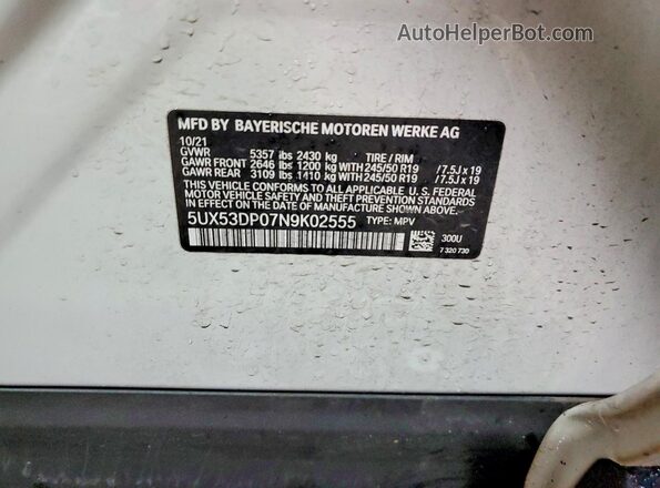 5UX53DP07N9K02555 2022 BMW X3 Белый Вид наклейки с VIN-кодом