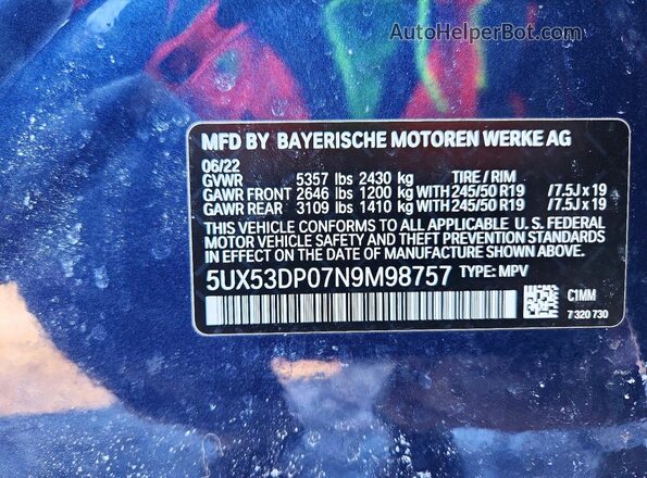 5UX53DP07N9M98757 2022 BMW X3 Blue VIN კოდის სტიკერის ხედი