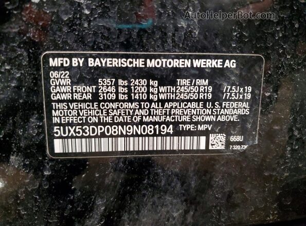 5UX53DP08N9N08194 2022 BMW X3 Black Vista interior de 360 grados