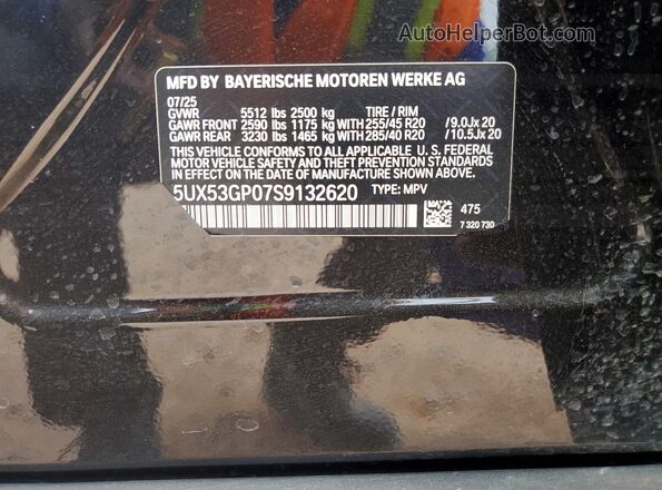 5UX53GP07S9132620 2025 BMW X3 Черный Вид наклейки с VIN-кодом