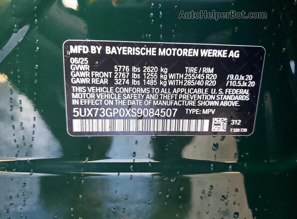 5UX73GP0XS9084507 2025 BMW X3 Зеленый Вид наклейки с VIN-кодом